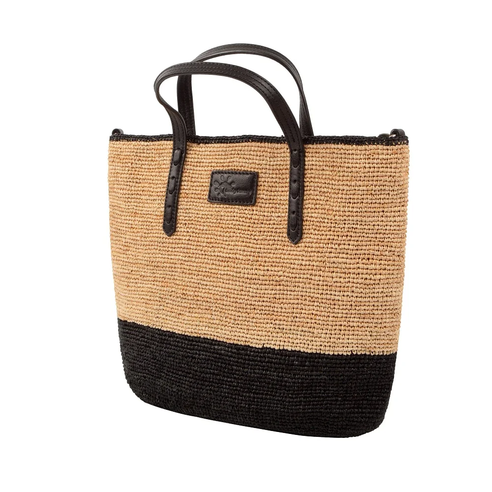 Fashion straw casual tote and shoulder striped crochet raffia bag with snap closure