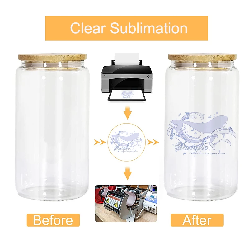 USA Warehouse 16oz Clear Frosted Sublimation Blanks Glass Mason Jar Beer Can Glass jar Cup With Bamboo Lid