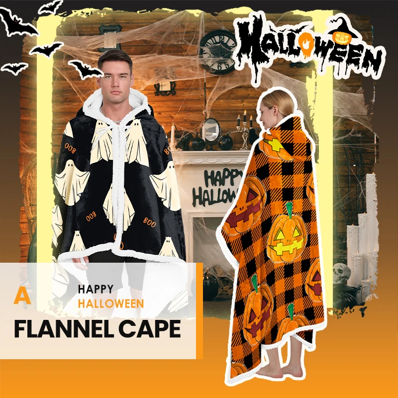 2024 Newest Halloween Design Wearable Poncho Blankets Custom Printed Fleece Wholesale Hoodie Blanket