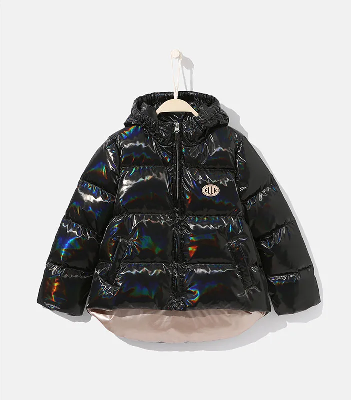 Winter duck feather leather coat lightweight quilted shiny fabric puffer kids girls down jacket