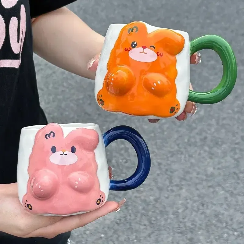 Cute coffee milk 3D Rabbit ceramic Cup new 450ml hand painted embossed bear coffee mug for kids girls