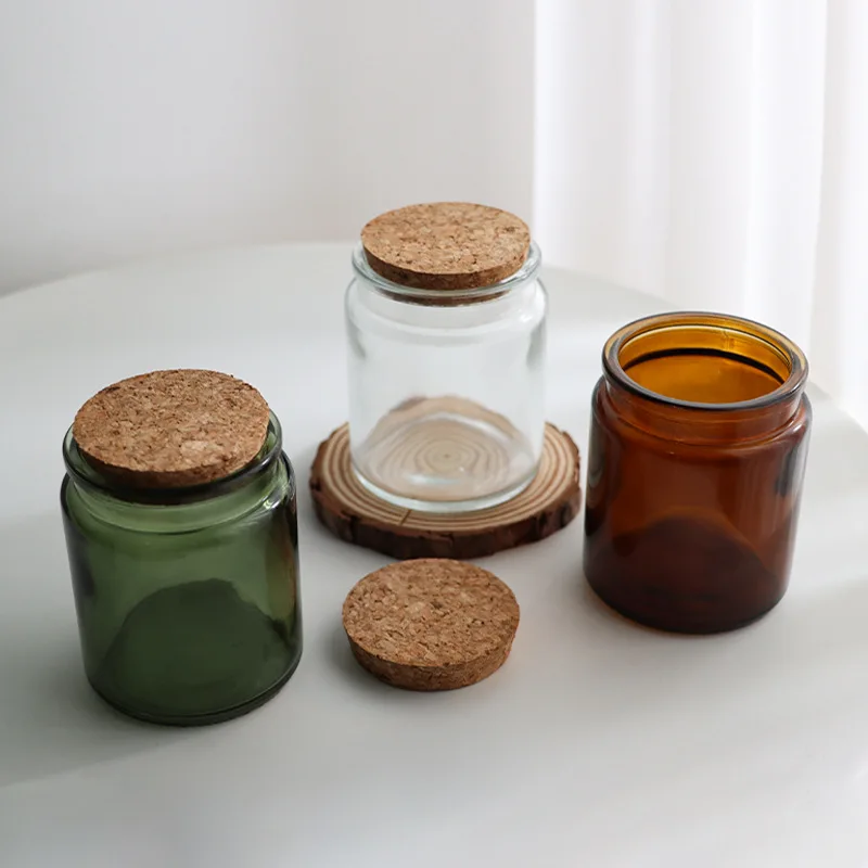 Empty Heat-Resistant Glass Candle Vessel Container 8oz 200Ml Amber Green Clear Jar with Cork Lid for Christmas Decorations