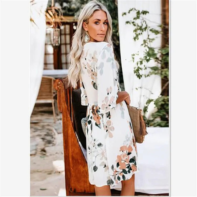 Wholesale Ladies Summer Floral Dress Street Trendy V neck Originality Irregular Women Dress