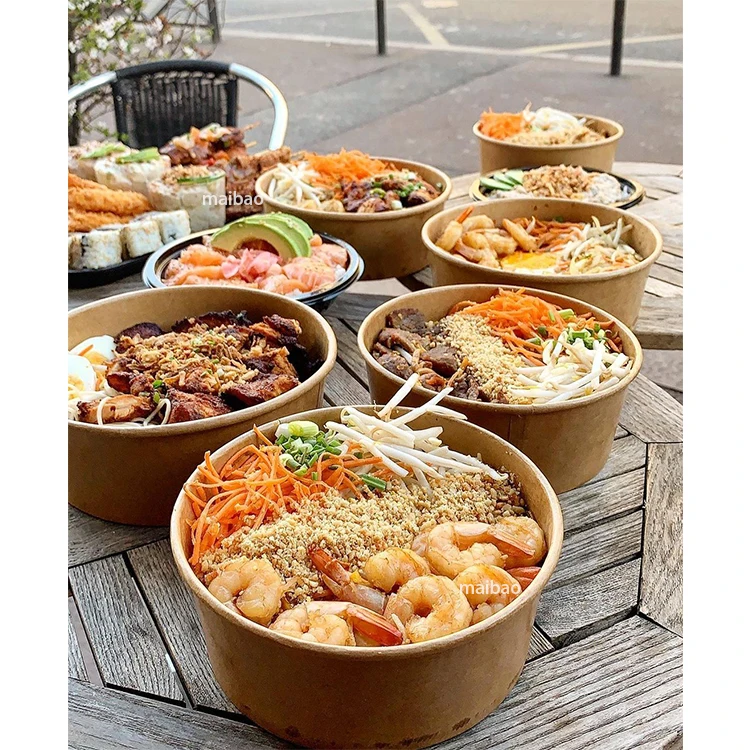 Disposable Biodegradable 750ml Salad Kraft Bowl Takeaway Custom Salad Bowl With Lid Take Away Rice Hot Food Packaging Paper Bowl