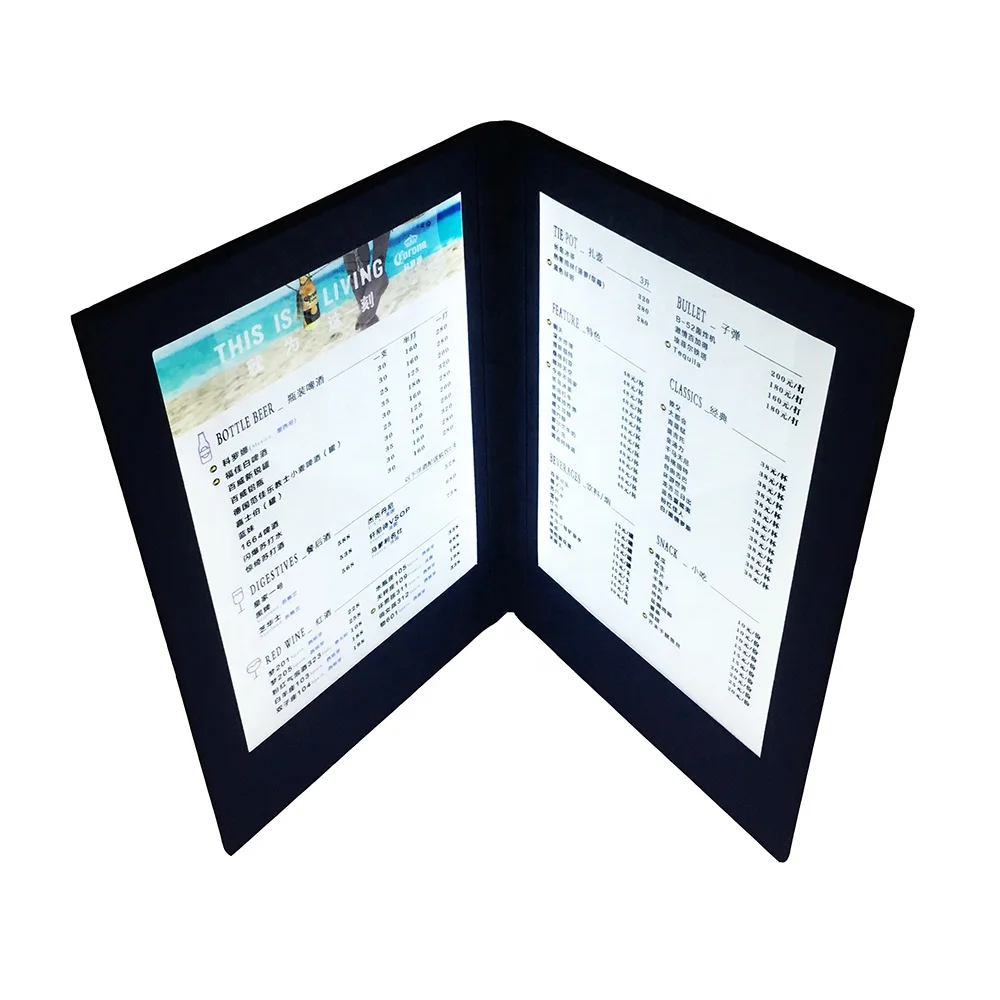 A4 restaurant wireless electronic menu light up menu for restaurant made in navy blue PU with emboss logos