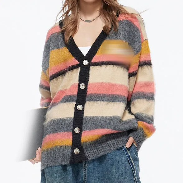 New Arrival 2024 Autumn Winter Stripe Colorful Women Cardigan Sweater Fashion Streetwear Knitted Loose Sweater