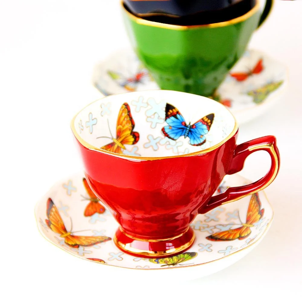 Tea Cup and Saucer Set-8oz Bone China Afternoon Tea Cup with Saucer Butterflies Printing Gift Teacups for Girls or Fri