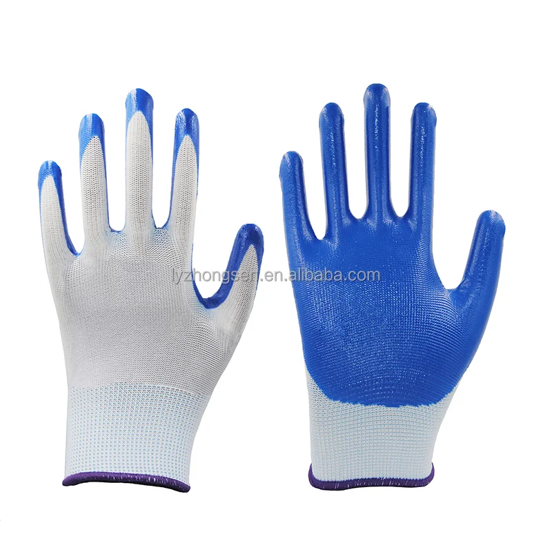 Cheap 13G Blue Polyester Knit Work Nylon Nitrile Coated Gloves