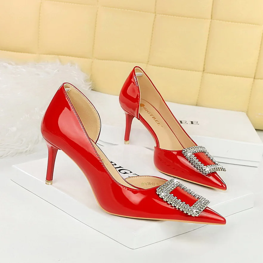 34-40 Banquet high heels Lacquer leather shallow cut pointed pump  side hollow shoes Square metal diamond buckle single shoe