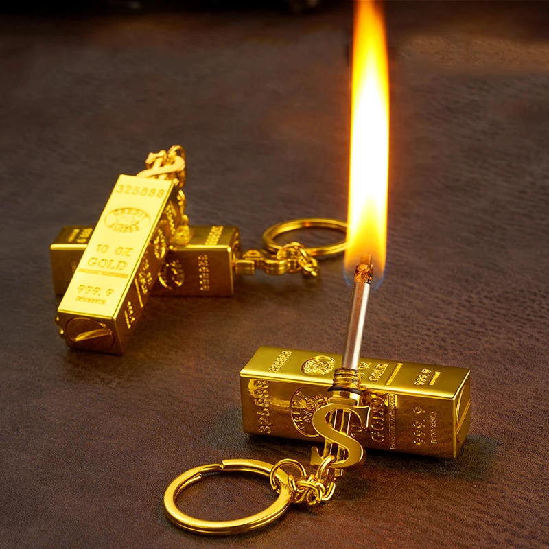 Creative Gold Bar Shape Key Chain Cigarette Lighter Waterproof  Ten Thousand Times Strike Vintage Kerosene Match Lighters