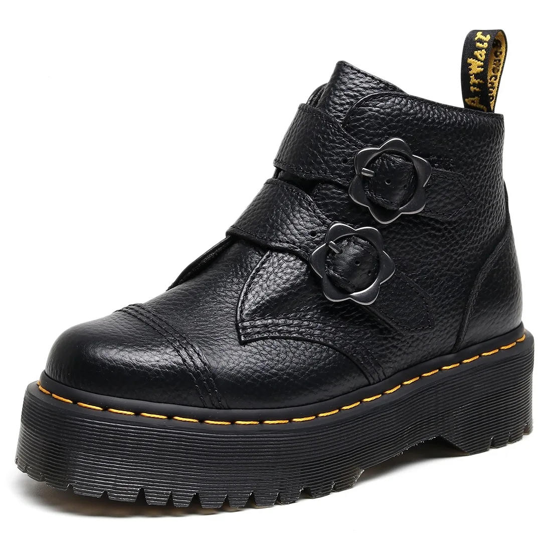 Women Devon Flower Buckle Leather Boots Autumn Winter High Platform Round Toe Buckle-up Leather Boot Femme Botas Footwear