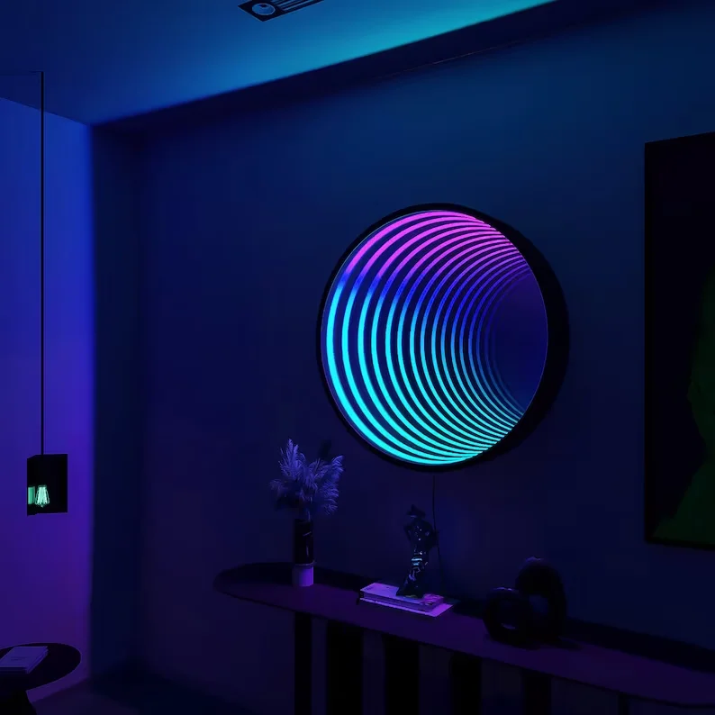 Tiktok Hot Selling LED Modern RGB 50CM Circle Geometric Mirror Tunnel Lamp Living Room Bedroom Wall Lamps With Remote Control