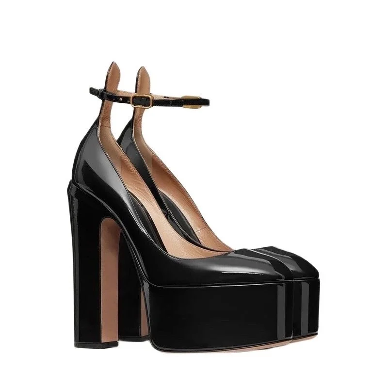 Custom Designer Shoes Patent PU Sexy Ladies Ankle Pumps High Block Heels Women Platform Shoes for Party Ankle Strap Rubber Hjj