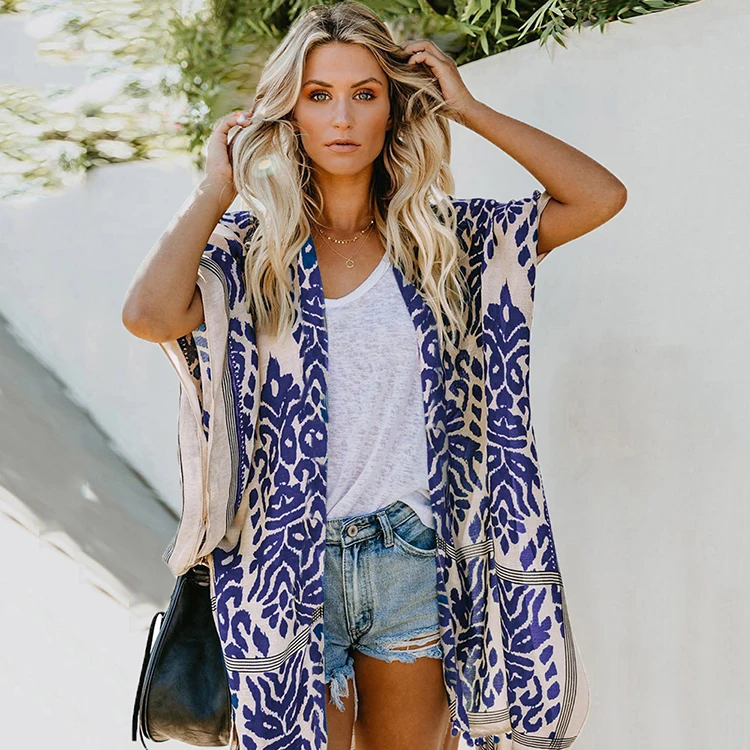 Wholesale Swimsuit Cover Ups Fall Kimono Blouse Women Tops Printed Boho