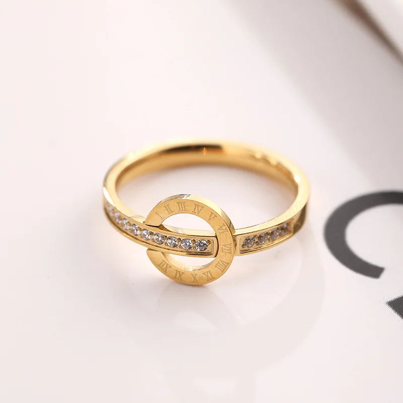 Amzaon Stylish Gold Plated Roman Numerals Full Diamond Band Rings No Fade Stainless Steel Round Circle Rhinestone Stacking Rings