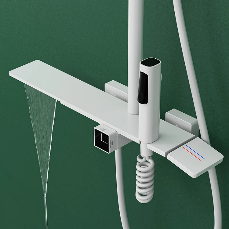 Kidoluxr Rectangular Wall Mounted White Color 4 Functions Shower Set With Shower Head And Handheld Spray Hot Cold Mixer Set