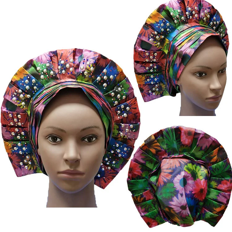 2022 New Fashion Bright Print Pattern Headwrap Crystal Africa Sego Already Made Auto Headtie for women