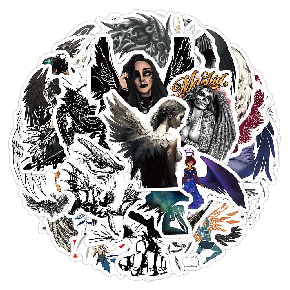 52Pcs Cartoon Fallen Angel Wings Hand Drawn Graffiti Stickers For Gift Bottle Waterproof Demon Lucifer Sticker