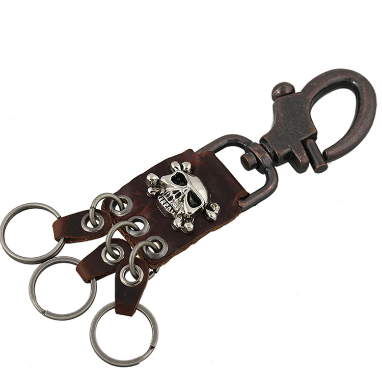 Retro Skull Charm Key Ring  With 3 Rings Vintage Alloy Leather Swivel Lobster Clasp Key Rings