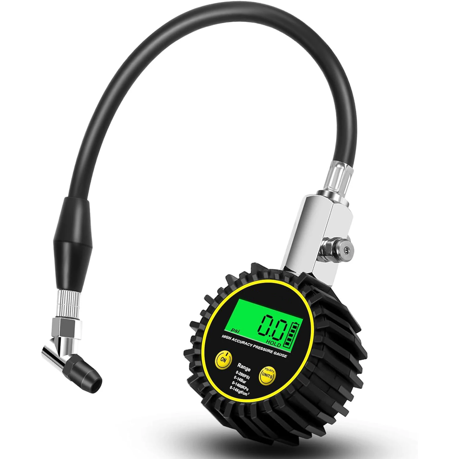 200PSI Car Digital Tire Pressure Gauge with Flexible Hose and Angled Chuck