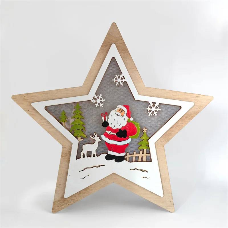 Christmas Wooden Crafts Wooden Santa Claus Snowman Deer Big Five-pointed Star Decoration Home Window Decoration