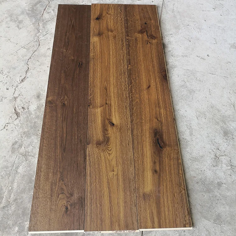 Smoked color and wire brushed French white oak parquet wood flooring for indoor