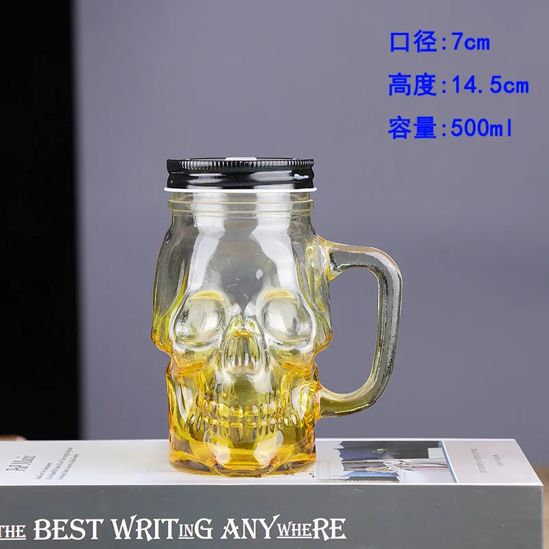 Wholesale 500ml transparent square skeleton glass with handle cock cup with handle straw Mugs With Straws