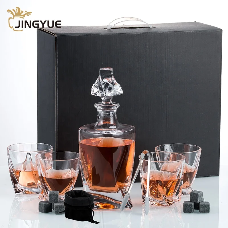 Engraved Twisted Whiskey Glasses  Liquor Decanter Set Luxury With Stones Gift Set Wooden Box