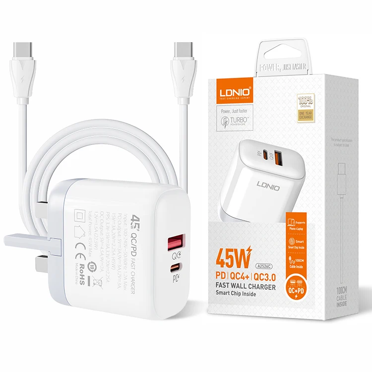 LDNIO A2526C PD 45W Charger Type C Mobile Phone Fast Charging Wall Charger Dual USB Chargers Adapters for Samsung