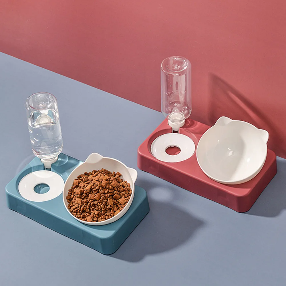 PETCOME Manufacturers Adjustable 15 Degree Tilted 2 In 1 Feeding Bottle Cat Shape Bowl