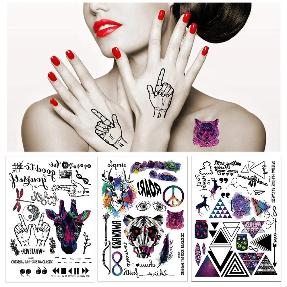 Custom Adhesive Four Color Printing Tatoo Sticker Water Transfer Owl Fox Head Plumage Bird Animals Body Art Temporary Tattoo