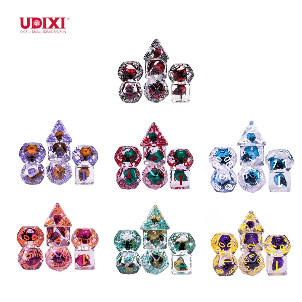 Udixi Plastic Polyhedral custom logo rpg dungeons and dragons d&d dnd resin colorful Skull dice game set