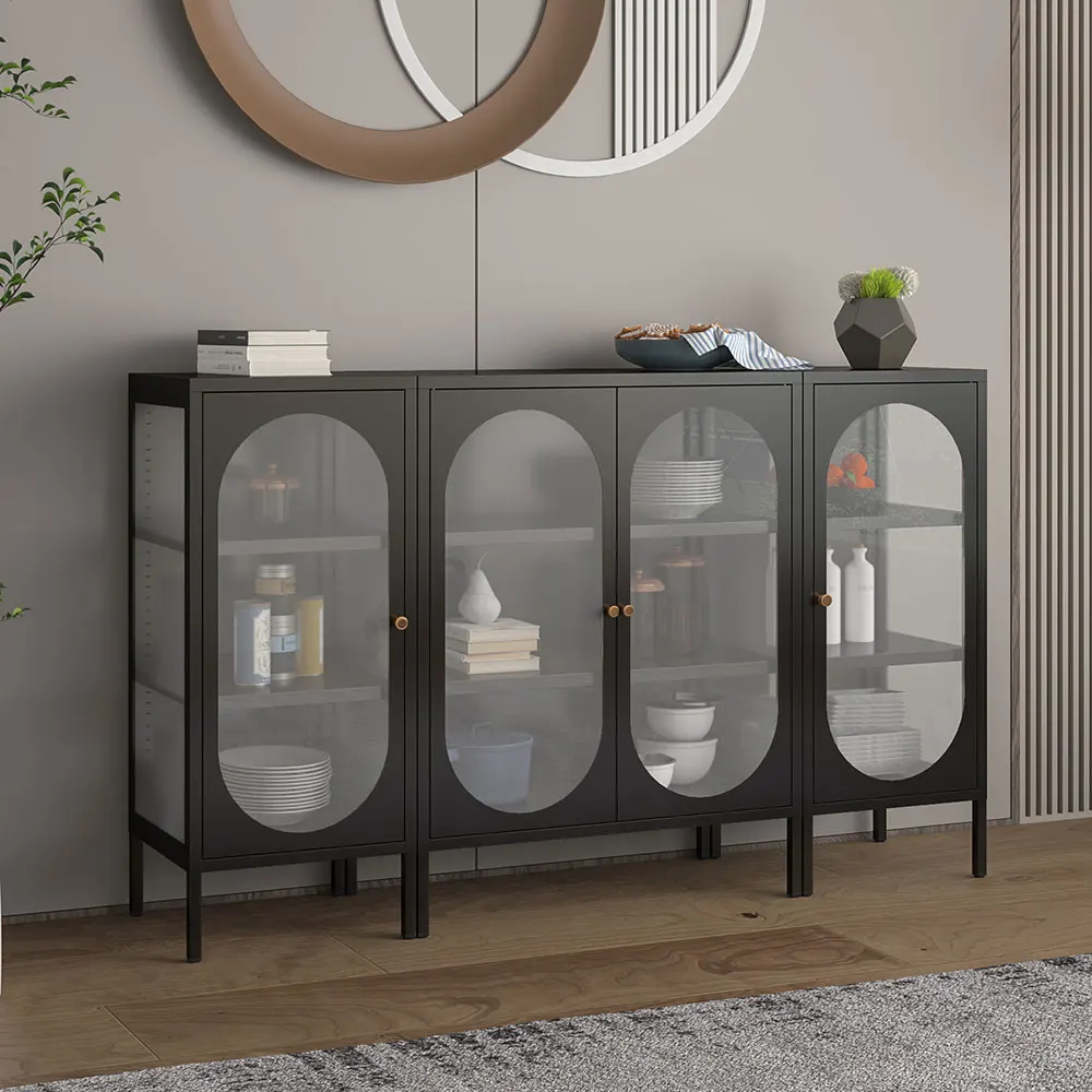 Nordic Style White Metal Side Cabinet with Tempered Glass Door 3-Tier Storage for Living Room