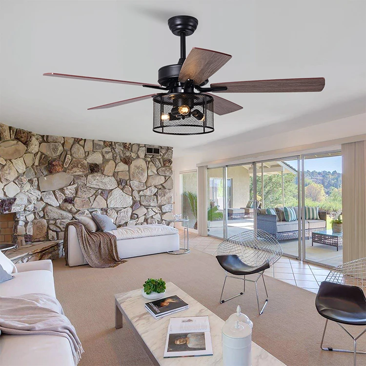 Modern Living Room Bedroom Indoor 52 Inch Black Remote Control Led Ceiling Fan with Lights