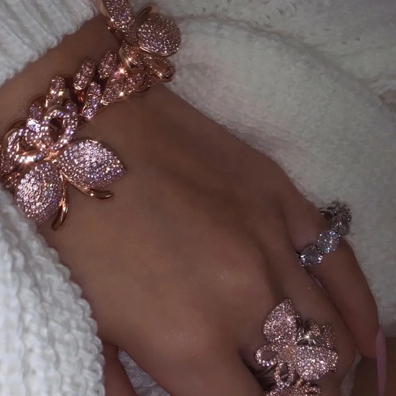Charm Hip Hop Jewelry Ice Out Crystal Miami Cuban Link Bracelet Bling Pink Rhinestone Cuban Butterfly Anklet Bracelet For Women