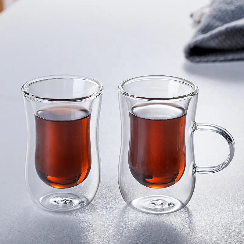 Wholesale Customized Logo Large 80ml Clear  Double Wall Glass Coffee Tea Cups Mugs With Handle