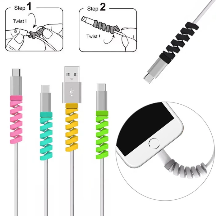 4 in1 Colorful Silicone Data Line Charger USB Spiral de Cable Protector