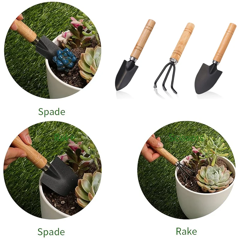 Gardening Gifts Metal Wood Mini Garden Tool Set 3 Pieces Iron Gardening Kit Including Shovel and Rake with Wood