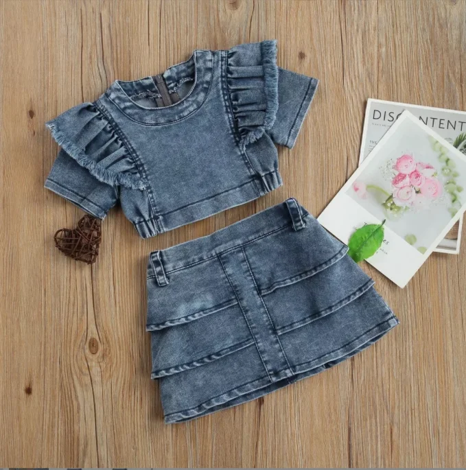 new ruffled design girls 2 piece shorts jumpsuits denim fabric  kids summer jean shorts dress set