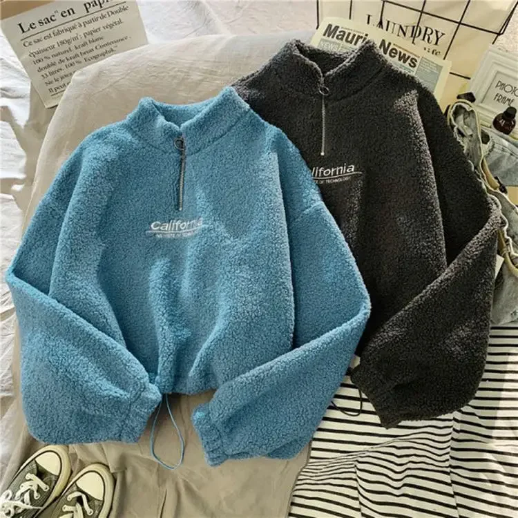 2023 new design Warm Winter Custom Half Zip Pullover Color Block Zipper Pocket Heavyweight Sherpa Fleece Hoodie For Men women