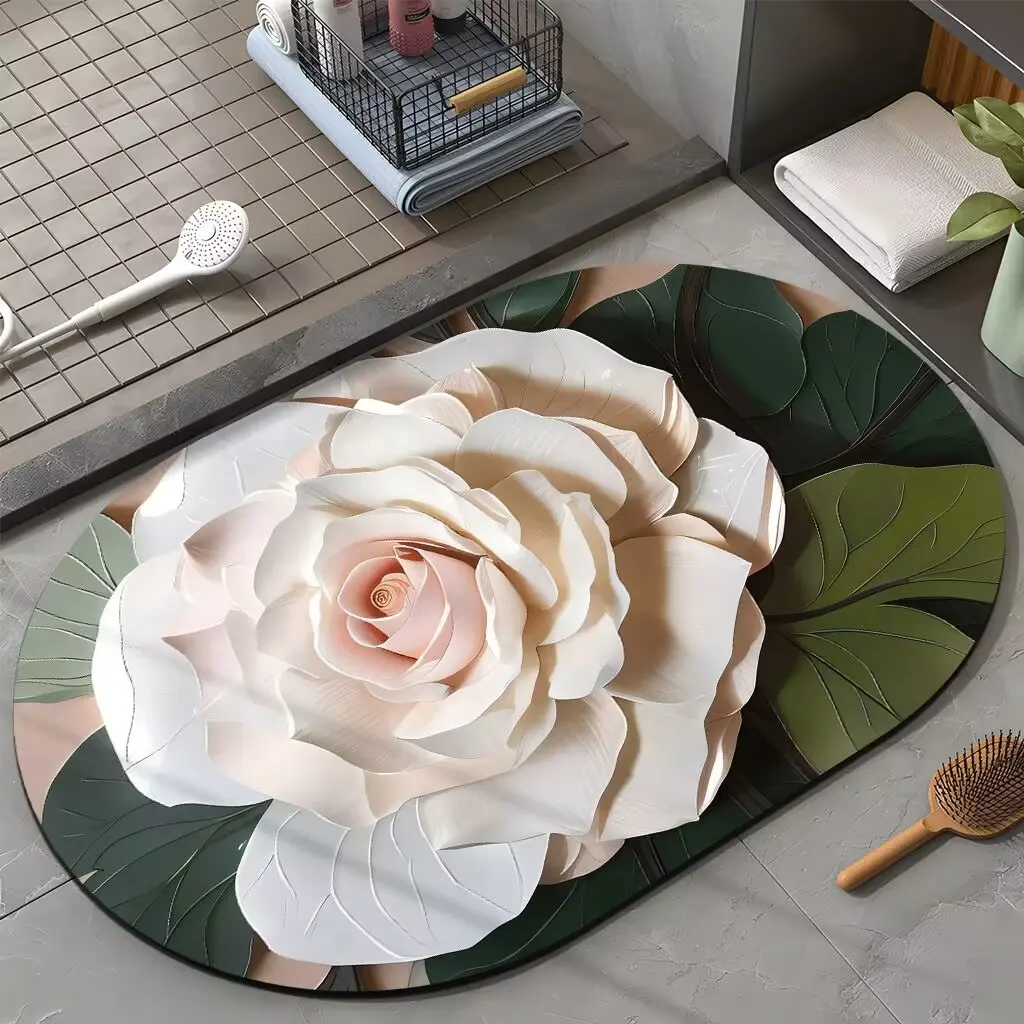 OEM design flower 3D series super absorbing water rubber bathroom floor mat soft diatomite bath mat