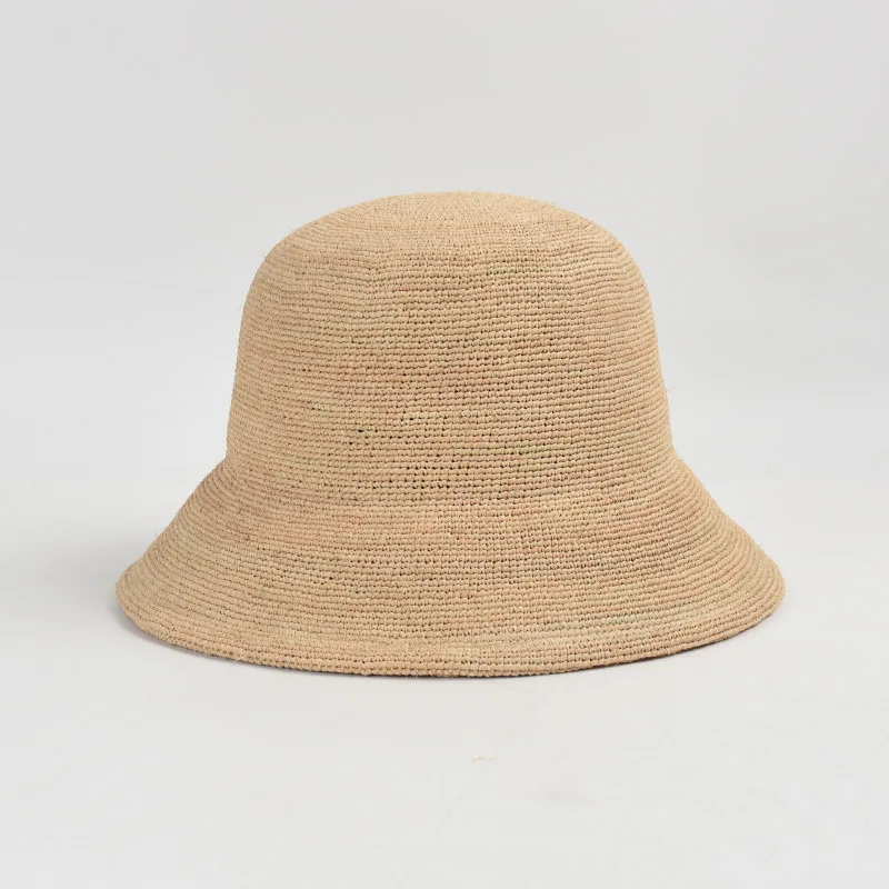 Simple casual fine hand hook raffia straw bucket hat women summer sun shade sunscreen outdoor sun bucket hat straw hat