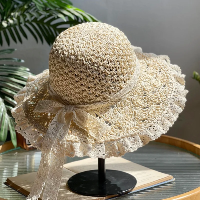 Wholesale sunscreen foldable woven straw hat summer bucket hat big brim sun visor beach hat for women