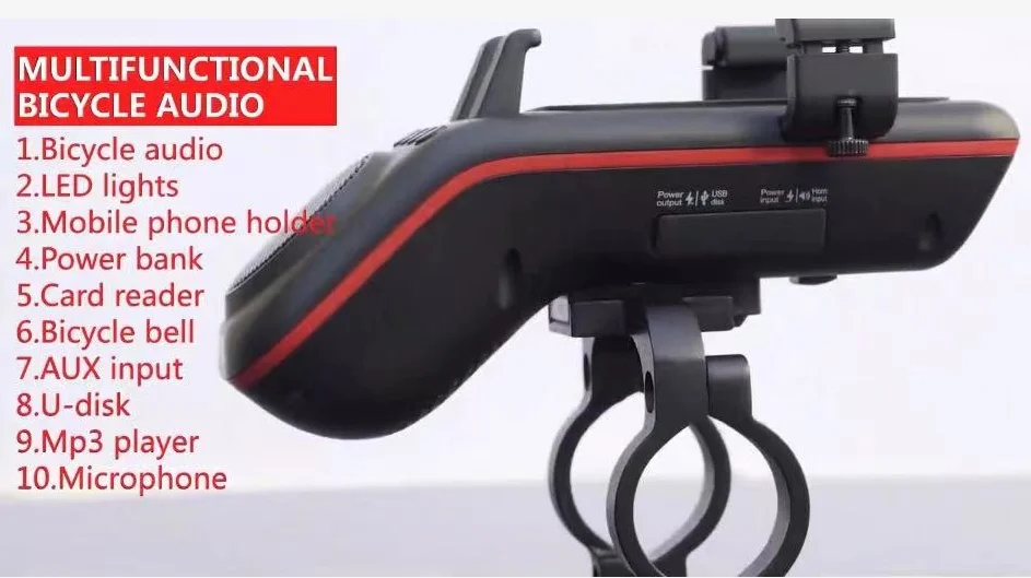 Multifunctional 10in1 Bike Phone Holder-Speaker-LED Light- Power Bank- Bike Horn- Microphone-Card reader-MP3 player-U Disk-Audio