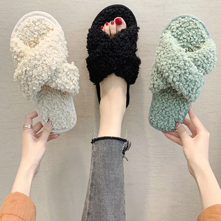 2021 Winter Lamb Wool Custom House Shoes Sandals For Women Slippers