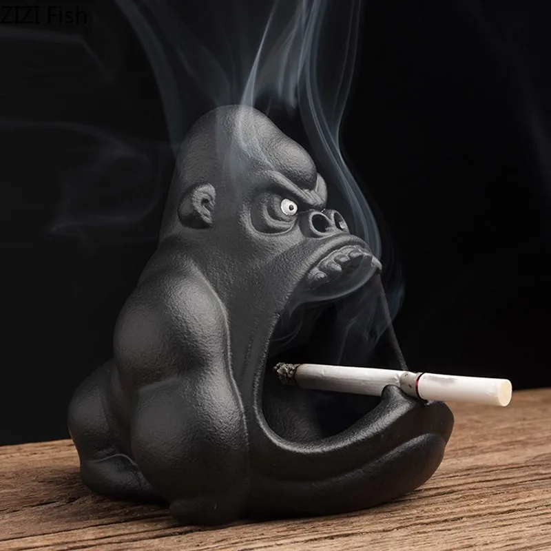 XIEHUAJIN Ceramic Cartoon Animal Ashtray Orangutan Anti-Ash Car Large Capacity Ashtray Living Room Office Decoration Gift