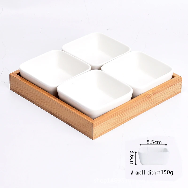 Removable Fruit Ceramic Compartment Bowls with Bamboo Serving Tray