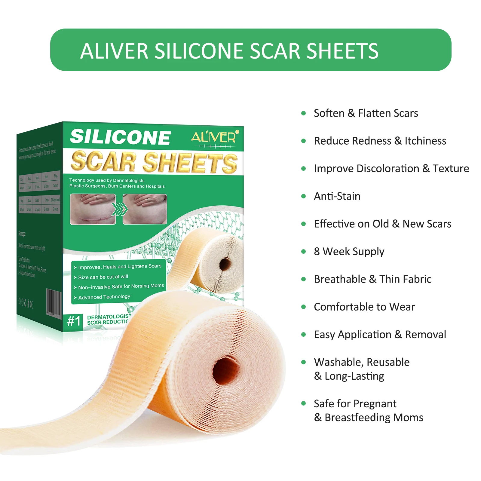 ALIVER Scar Cover Sheets Tape Advanced Silicone Scar Sheet for Face Body Breast Legs Arms Scar Repair