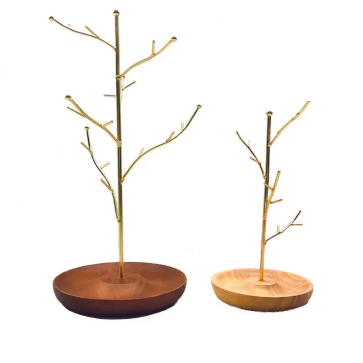 Jewelry Tree Stand Organizer Metal Display with Wooden Plate Base for Necklaces Bracelet Earrings Rings Jewelry Display Stand