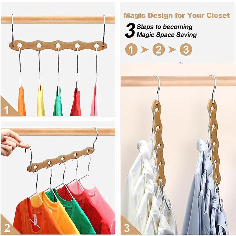SOPEWOD Single-Tier Wooden Clothes Hangers Lacquered Cascading 5 Slots Multifunctional Double Hooks Living Room Organization